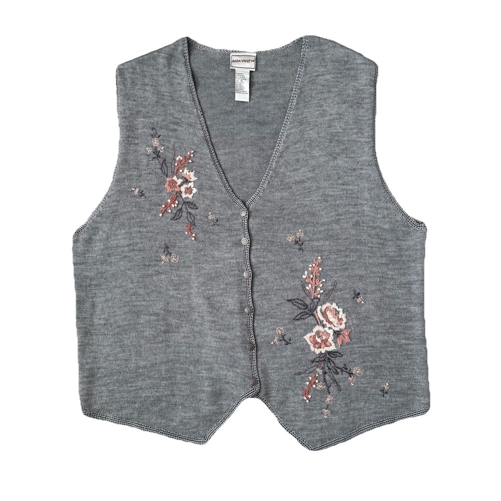 Vintage Embroidered Vest Womens 1X Gray Knit Pastel Cottagecore Coastal Grandma